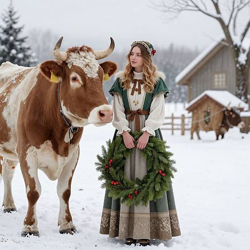 Photograph of a blonde woman in traditional German winter dress, green apron, and wreath, standing beside a brown and white cow in a snowy