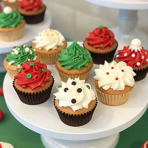 Photograph of colorful decorated cupcakes on a white stand: red, green, white with black and red sprinkles, festive holiday theme.
