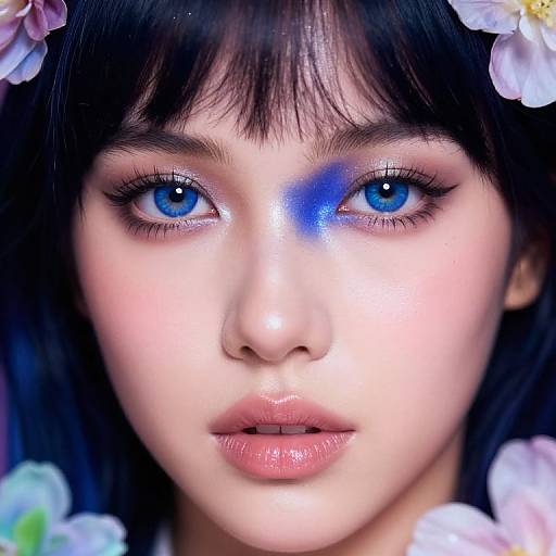 Close-up photograph of an Asian woman with striking blue eyeshadow, blue eyes, and dark hair, adorned with white flowers, gazing intently