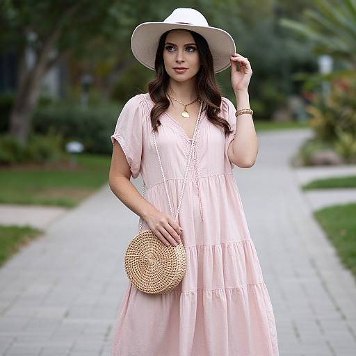 Photograph of a young woman with medium brown skin, dark wavy hair, wearing a white sunhat, pink dress, and gold necklace, holding