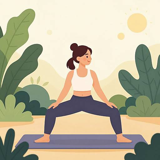 Digital illustration of a woman with brown hair in a bun, wearing a white crop top and navy leggings, doing a yoga pose on a blue mat,