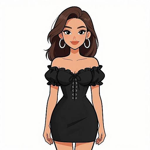Digital illustration of a smiling woman with long brown hair, wearing a black off-shoulder dress, large silver hoop earrings, and lace-up front,