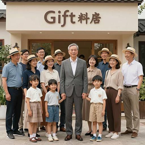 Multi-Generational Asian Family Outside Gift Shop