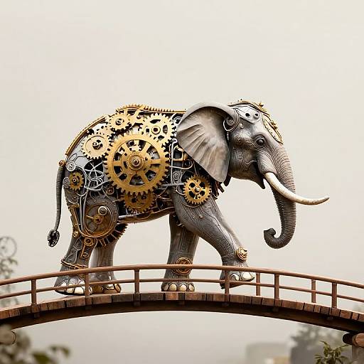 Digital illustration of a steampunk elephant adorned with gold gears and cogs, walking on a curved metal bridge against a white sky.