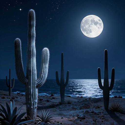 Moonlit Desert with Silver-Blue Cacti