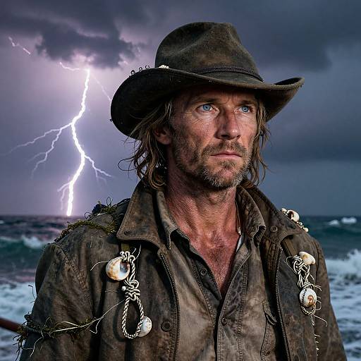 Photograph of a rugged, bearded man with long hair, wearing a weathered hat and jacket adorned with shells, standing on a stormy beach