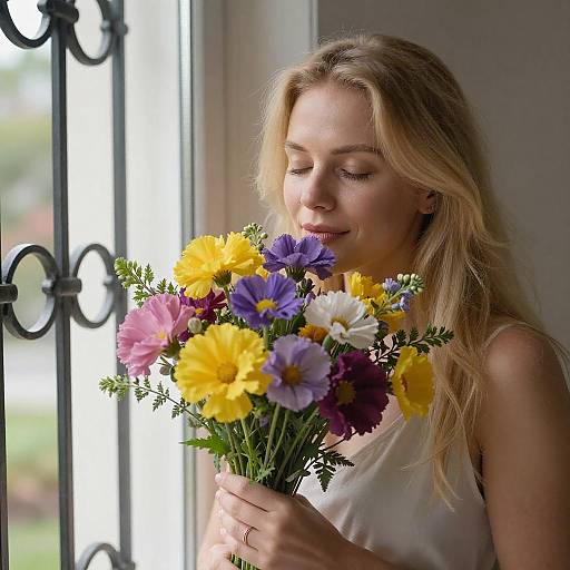 Blonde Woman Smelling Vibrant Bouquet
