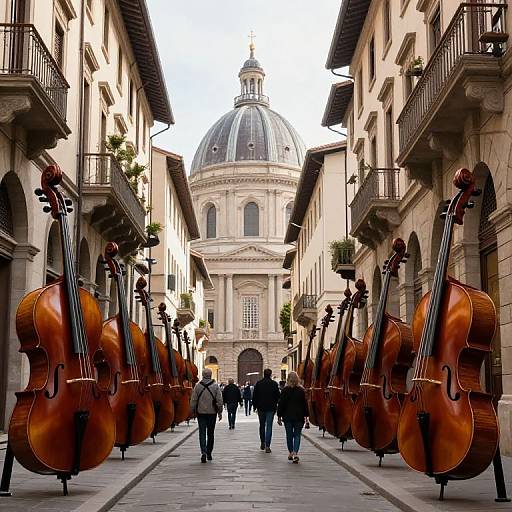 Photograph of a narrow European street lined with large, upright double basses, leading to a grand domed building with balconies. People walk down