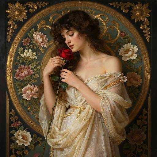 Romantic digital painting of a fair-skinned, curly-haired woman with closed eyes, holding a red rose, in a gold-accented floral frame