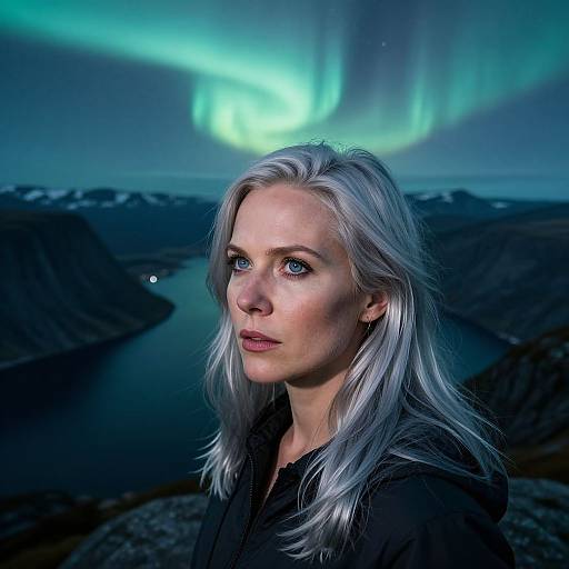 Photograph of a white-haired woman with blue eyes, wearing a black jacket, standing in front of a northern lights display.
