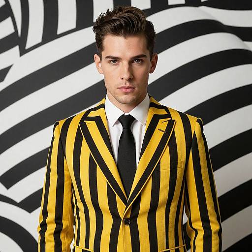 Photograph of a handsome, young man with short, dark hair, wearing a yellow and black striped suit, white shirt, and black tie, standing