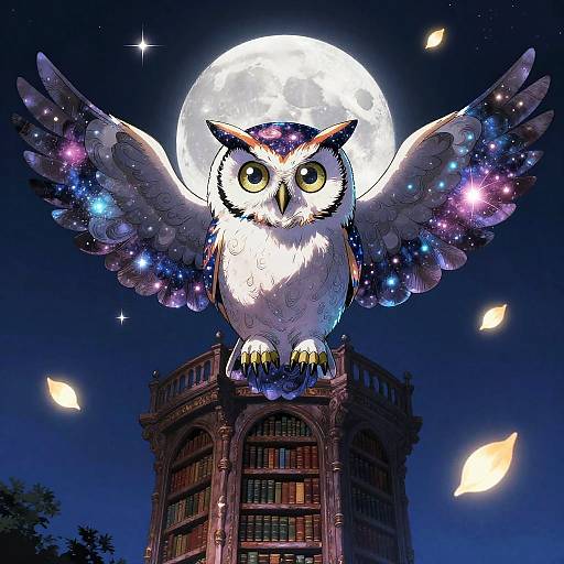 Digital illustration of a glowing, star-filled owl with large wings, perched on a tall, old building against a full moon night sky, with floating