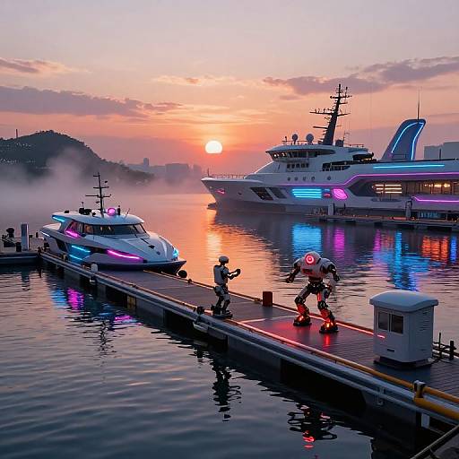 Photograph of a futuristic sunset harbor with neon-lit yachts, a small boat, and two people in neon outfits on a dock.