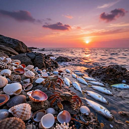 Photograph of a vibrant sunset over a rocky shoreline, with colorful seashells, crabs, and fish scattered on the wet sand.