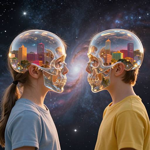 Photograph of two people, one in blue shirt, one in yellow, wearing transparent helmets reflecting cityscape, facing each other against starry galaxy background