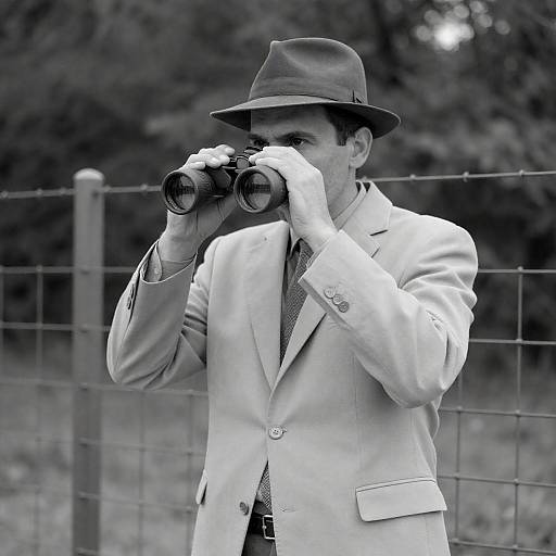 Man in Suit with Binoculars Behind Fence