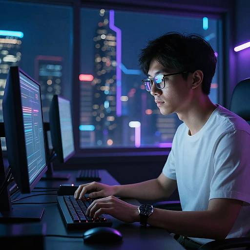 Photograph of an Asian man in a white t-shirt, wearing glasses, typing on a computer in a dimly lit, neon-lit city office