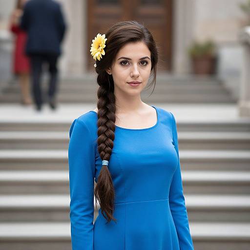 Photograph of a young woman with long, dark braided hair, adorned with a yellow flower, wearing a blue dress, standing on outdoor steps,