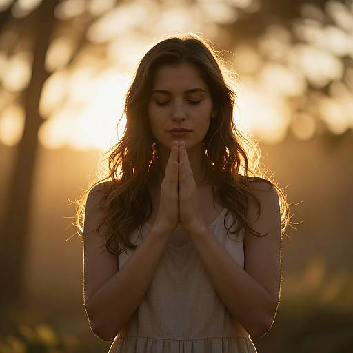 Photograph of a serene, long-haired woman with closed eyes, hands in prayer, wearing a sleeveless dress, backlit by a golden sunset in