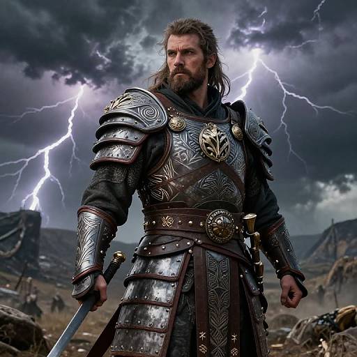 Photorealistic CGI of a bearded, muscular man in ornate silver armor, holding a sword, standing in a stormy battlefield with lightning.