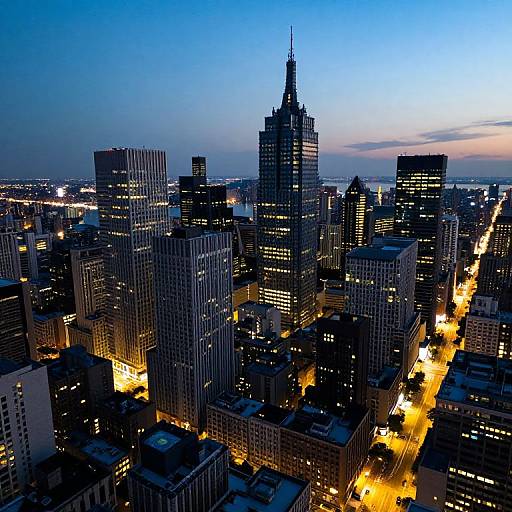Photograph of a bustling cityscape at dusk, featuring illuminated skyscrapers, a prominent tall building with a spire, and glowing streetlights,