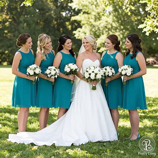 Photograph of a bride in a white strapless gown, surrounded by five bridesmaids in teal dresses, holding white flower bouquets, standing on green
