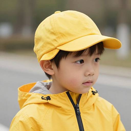 Young Boy in Yellow Hat and Jacket