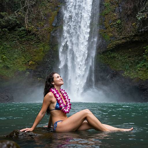 Photograph of a tan-skinned woman with long black hair, wearing a blue bikini and pink flower lei, sitting in a pool at the base of
