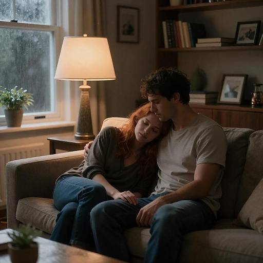 Cozy Couple on Couch During Rainstorm