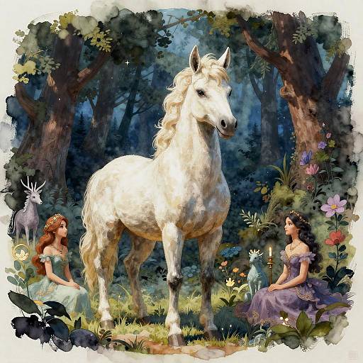 Digital painting of a white horse in a enchanted forest, flanked by two fairy-tale princesses with flowers and candlelight.