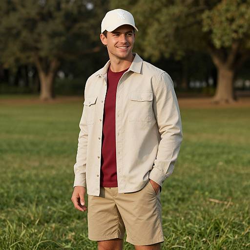 Photograph of a smiling young man in a white cap, beige shorts, red shirt, and white jacket standing in a grassy park.