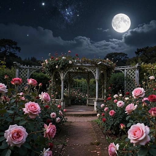 Photograph of a moonlit garden with a white wooden gazebo, surrounded by pink and red roses, under a starry sky. Full moon illumin