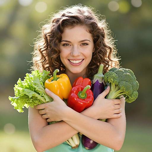 Photograph of smiling curly-haired woman hugging colorful vegetables (bell peppers, lettuce, eggplant, broccoli) outdoors, sunlight highlighting her joyful face.