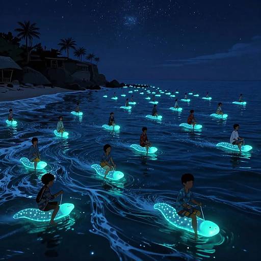 Digital artwork of children in glowing blue inflatable rafts, floating in dark blue ocean at night, with stars and palm trees in the background.