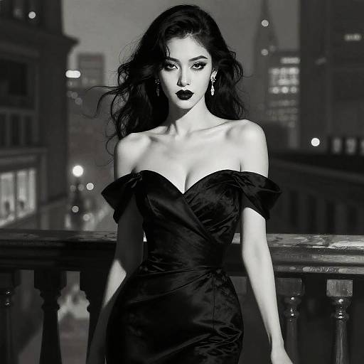 Black-and-white photograph of a stunning woman with long, wavy dark hair, wearing an off-shoulder, strapless black dress, standing on