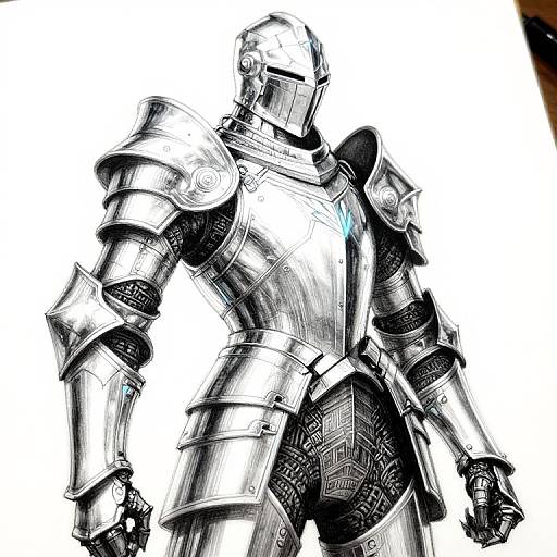 Digital illustration of a heavily armored knight in medieval-style steel plate armor, with intricate patterns and a glowing blue accent, standing against a white background.