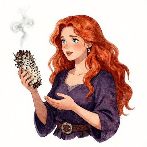 Digital illustration of a red-haired woman with wavy hair, wearing a dark purple dress, holding a smoking, black-and-white object, looking surprised.