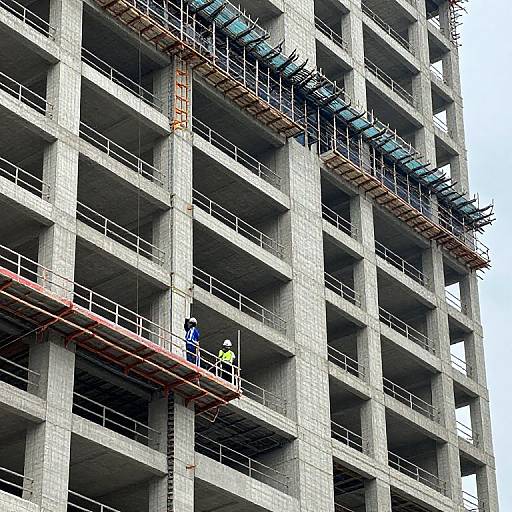 Photograph of a tall, unfinished concrete building with two construction workers in high-visibility vests on a mid-level scaffolding platform.