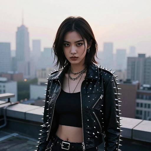 Fierce Punk Woman on Foggy Rooftop