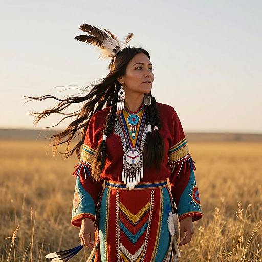 Photograph of a Native American woman in traditional red and blue regalia with white feathers and intricate beadwork, standing in a golden prairie at sunset