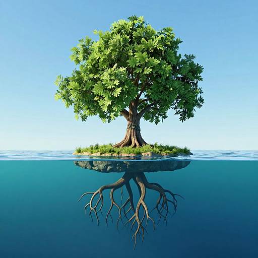 Digital illustration of a lush green tree with intricate roots submerged in clear blue water, reflecting on the surface.