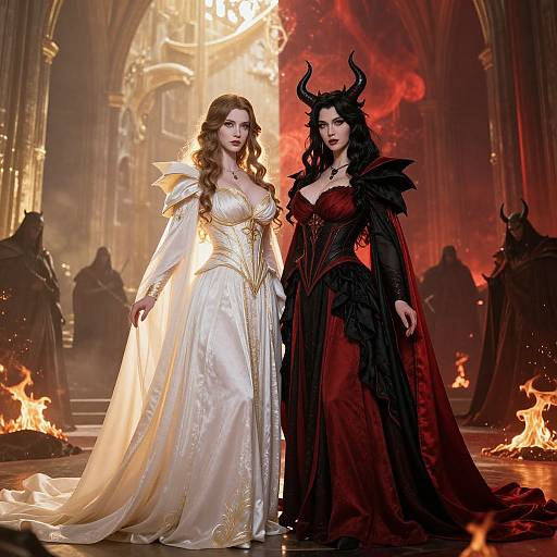 Photograph of two women in contrasting attire: one in a white, gold-embellished gown, the other in a red, black-orn