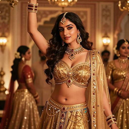 Photograph of a beautiful Indian woman in an opulent room, wearing a gold traditional lehenga with intricate embroidery, jewelry, and a maang tik