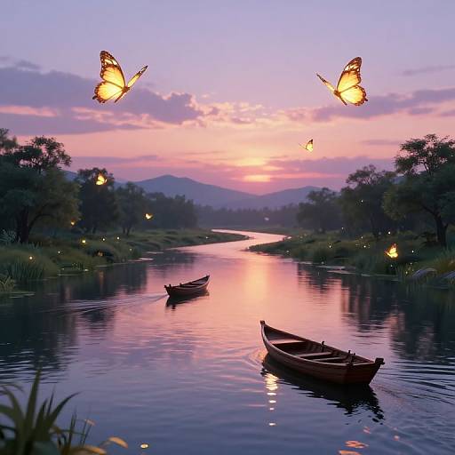 Digital artwork of a serene, twilight river with two wooden boats, glowing butterflies, and a pink-purple sunset reflecting on calm water.