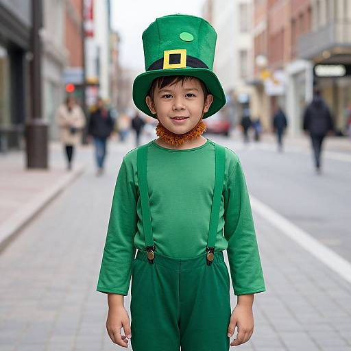 Photograph of a young boy in a green leprechaun outfit with a tall hat, orange neck ruff, and suspenders, standing on