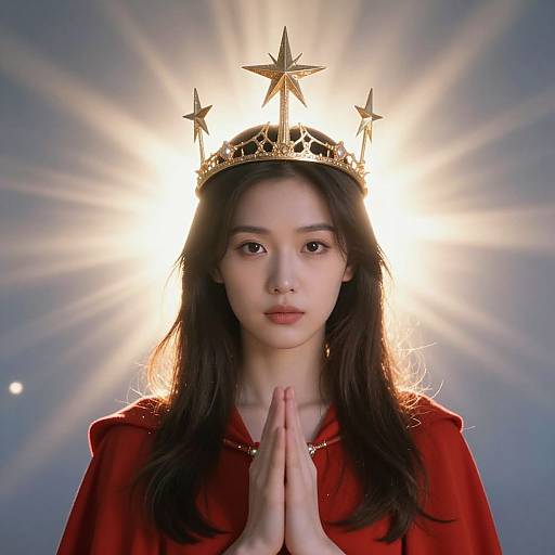 Photograph of an East Asian woman with long dark hair, wearing a golden star-crowned tiara, red robe, and praying hands, illuminated by