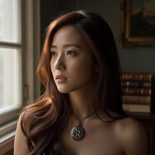 Photograph of an Asian woman with long, auburn hair, wearing a silver pendant, standing in dimly lit room near a window.