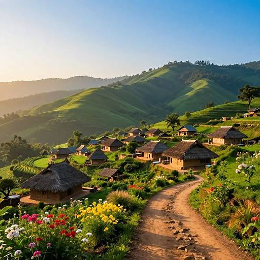 Photograph of a picturesque rural village with thatched-roof houses, colorful flowerbeds, dirt path, and rolling green hills under a clear blue