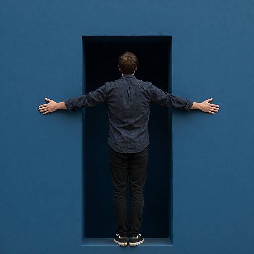 Smiling Man on Blue Platform
