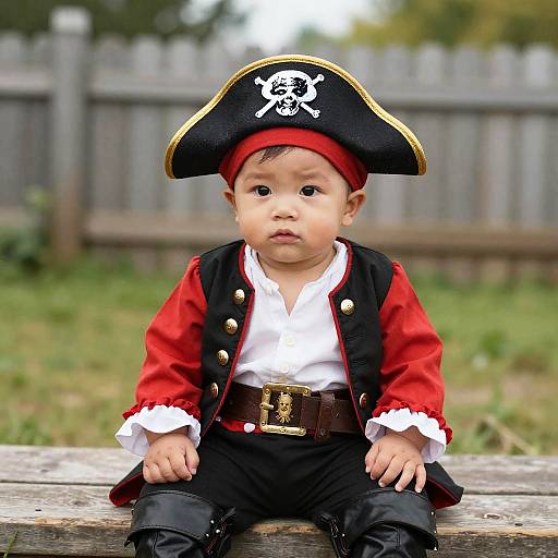Photograph of a baby boy dressed as a pirate, with a black tricorn hat, red and black coat, white shirt, and black pants,